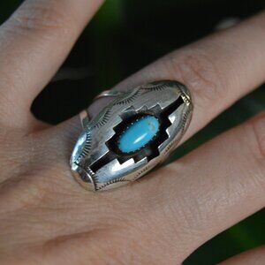 Navajo sterling silver and turquoise shadow box ring by Felix Perry, Size 8